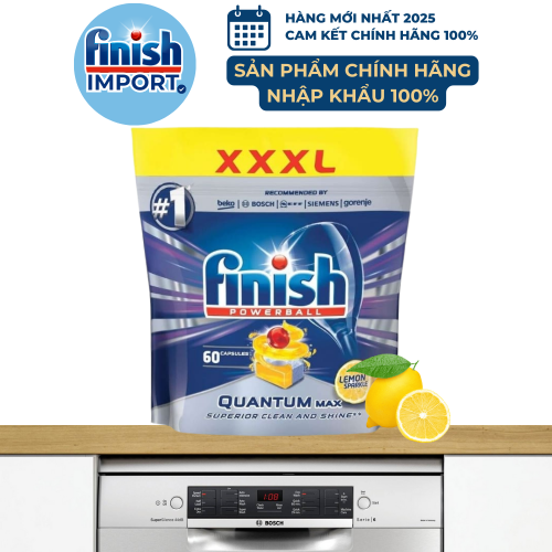 Túi 60 viên rửa chén Finish Quantum Max (14x tính năng trong 1 viên công thức mới – Hương Chanh) – (Dành cho máy rửa chén 10-12-13 bộ).
